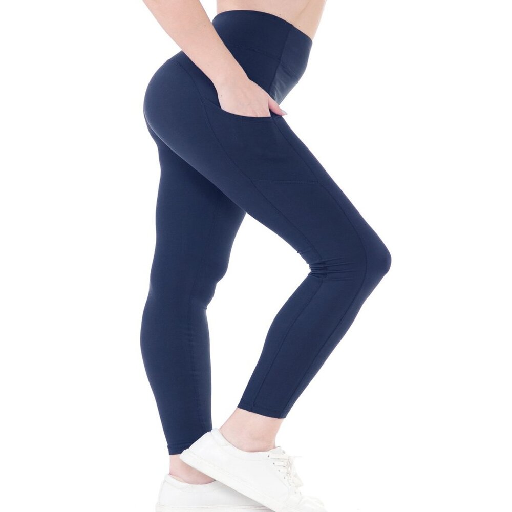 Women Sculpting Flatlock Stitch Detail High Waist Leggings w/Pocket Navy S-XL